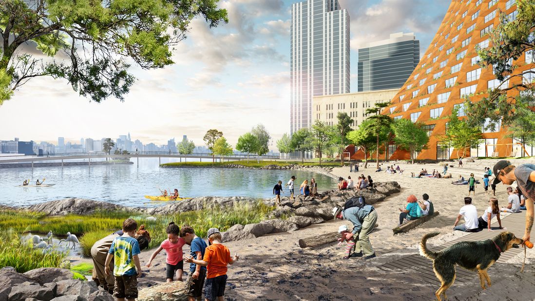 Renderings show a future beach on the East River in Williamsburg.